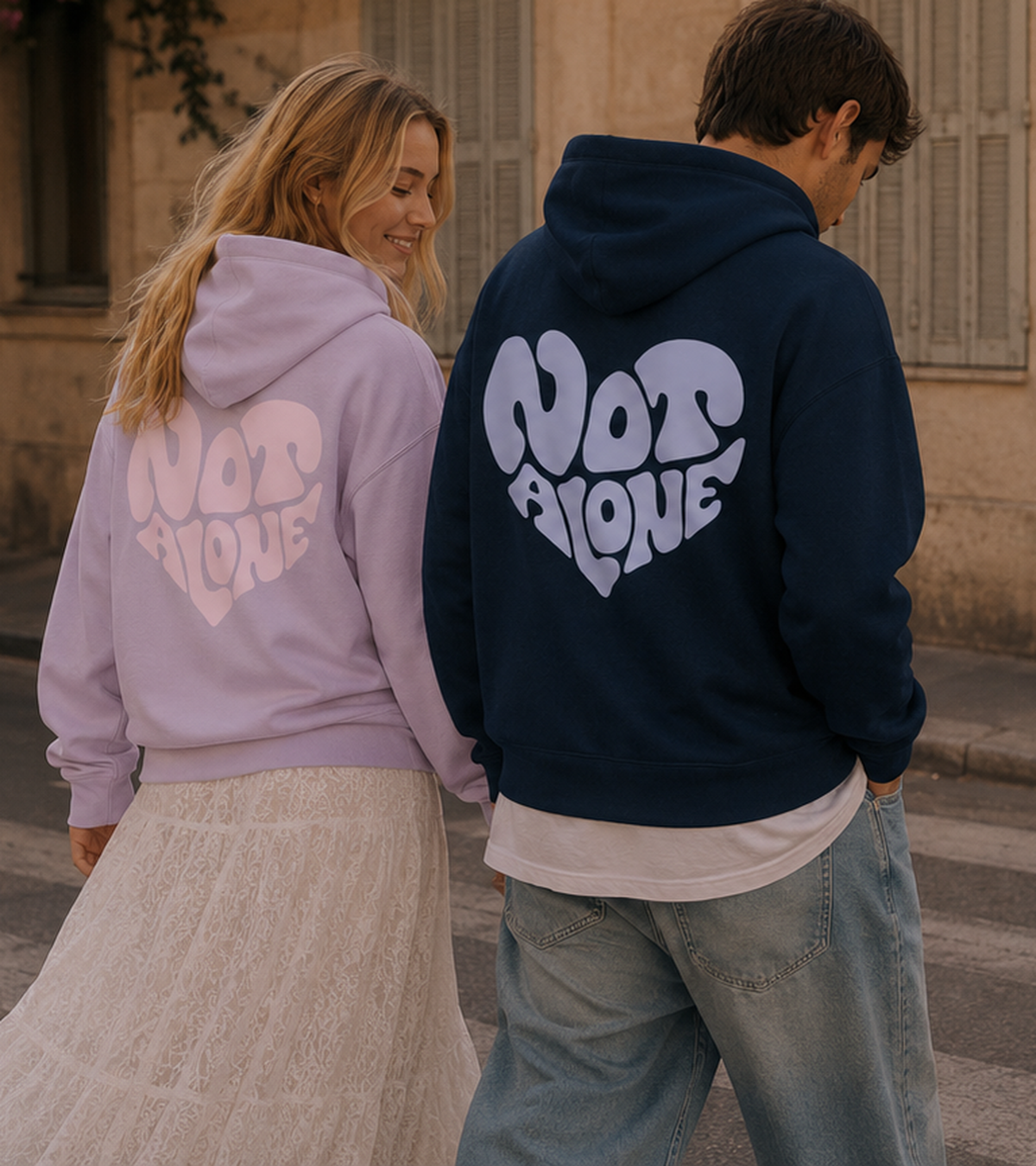 Zwei Personen in NOT ALONE Hoodies