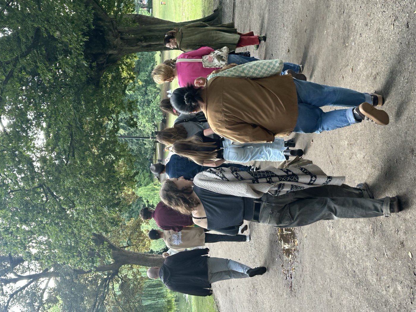 Eine Gruppe geht gemeinsam durch einen Park